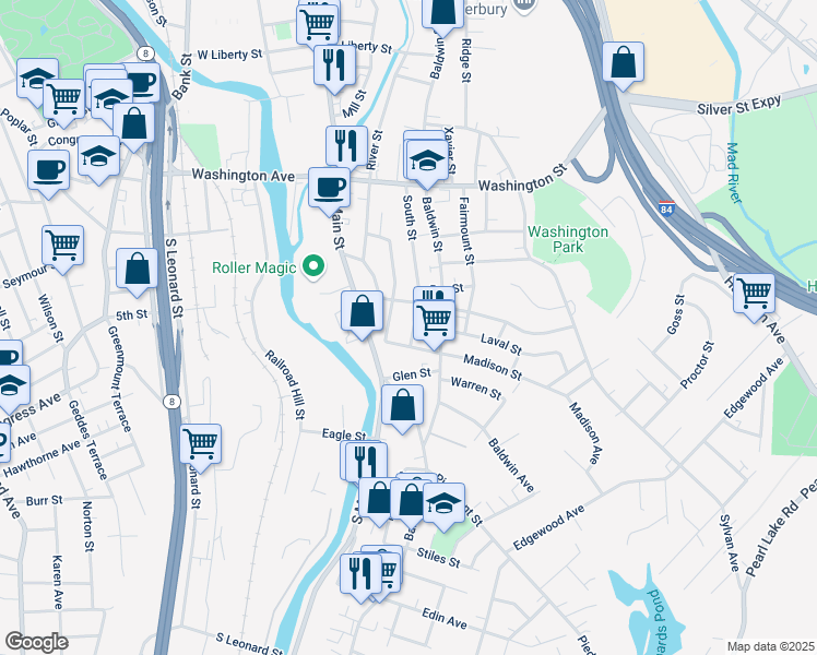 map of restaurants, bars, coffee shops, grocery stores, and more near 154 South Street in Waterbury