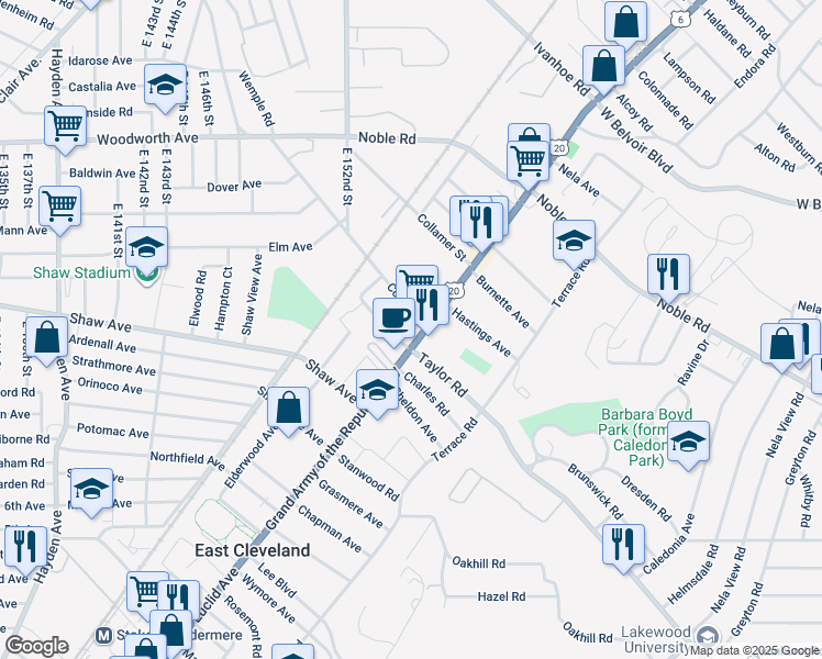 map of restaurants, bars, coffee shops, grocery stores, and more near 15515 Euclid Avenue in East Cleveland