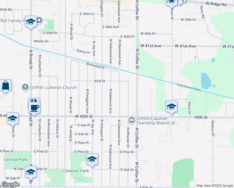 map of restaurants, bars, coffee shops, grocery stores, and more near 1014 North Glenwood Avenue in Griffith