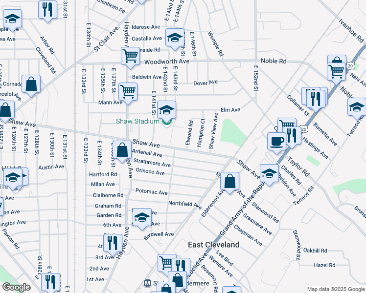 map of restaurants, bars, coffee shops, grocery stores, and more near 14403 Shaw Avenue in East Cleveland