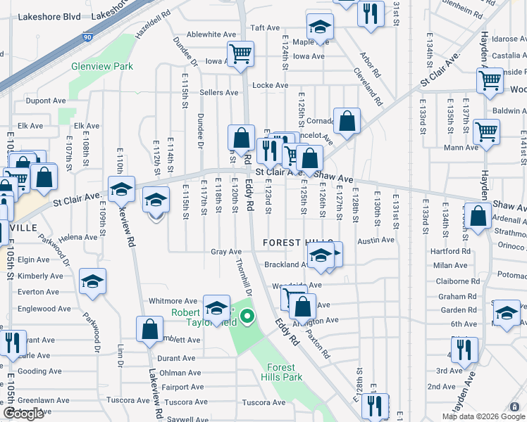 map of restaurants, bars, coffee shops, grocery stores, and more near 646 East 123rd Street in Cleveland