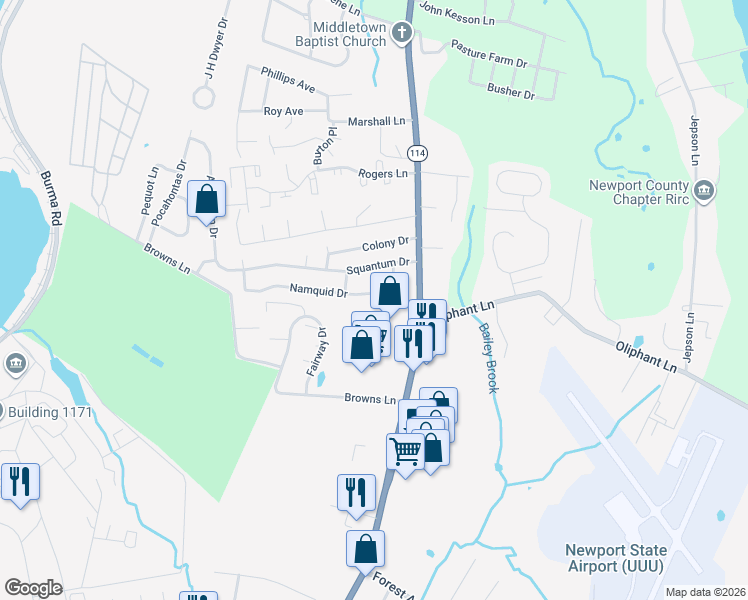 map of restaurants, bars, coffee shops, grocery stores, and more near 6 Namquid Drive in Middletown