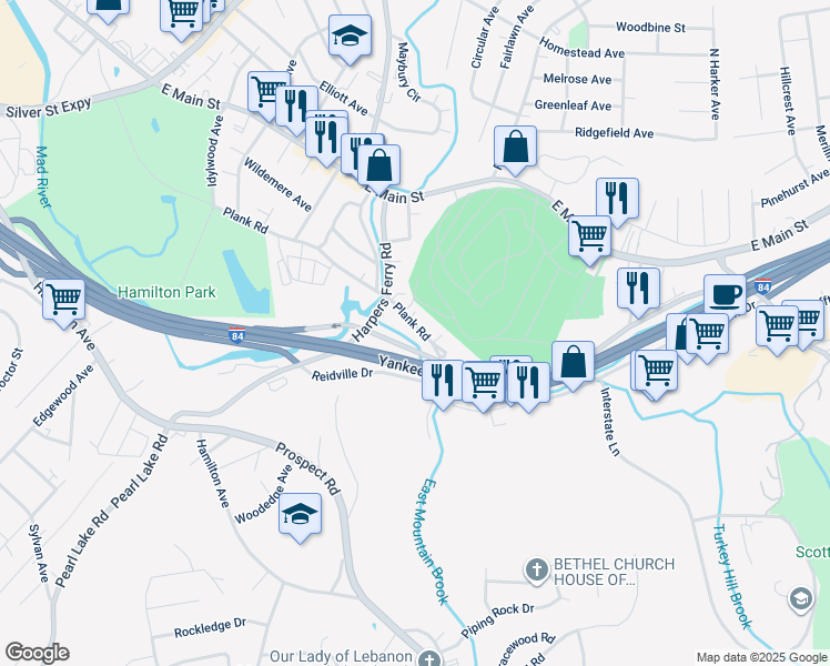 map of restaurants, bars, coffee shops, grocery stores, and more near 256 Plank Road in Waterbury