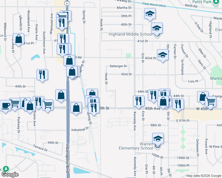 map of restaurants, bars, coffee shops, grocery stores, and more near 2629 44th Street in Highland