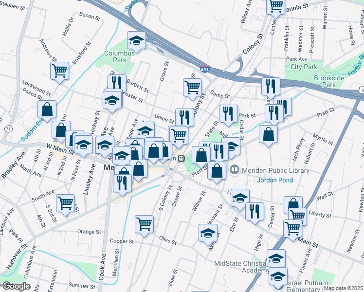 map of restaurants, bars, coffee shops, grocery stores, and more near 55 Colony Street in Meriden