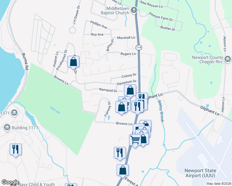 map of restaurants, bars, coffee shops, grocery stores, and more near 14 Namquid Drive in Middletown