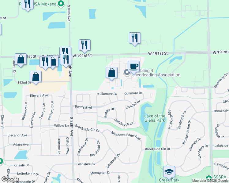map of restaurants, bars, coffee shops, grocery stores, and more near 8574 Tullamore Drive in Tinley Park