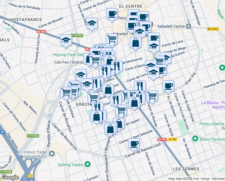 map of restaurants, bars, coffee shops, grocery stores, and more near 176 Carrer de Roger de Flor in Sabadell