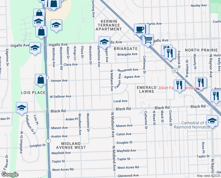 map of restaurants, bars, coffee shops, grocery stores, and more near 907 North Midland Avenue in Joliet