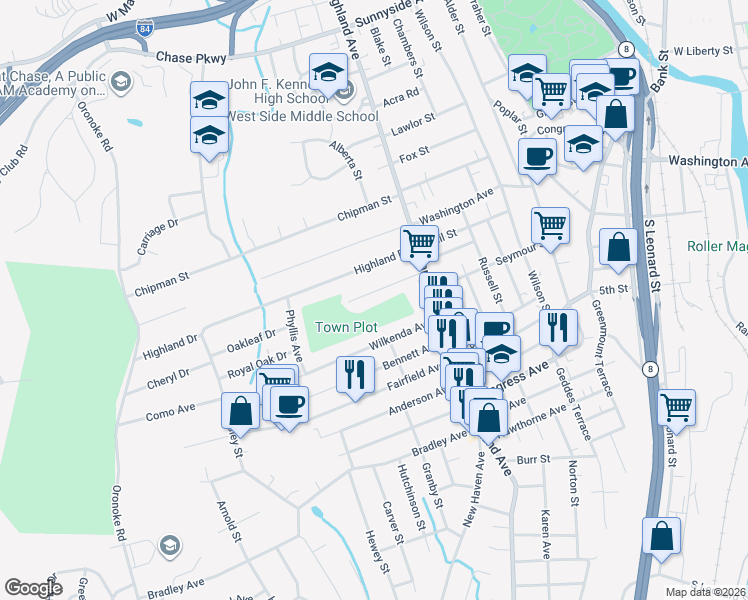 map of restaurants, bars, coffee shops, grocery stores, and more near 67 Rosemount Avenue in Waterbury