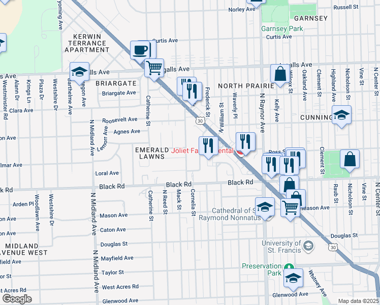 map of restaurants, bars, coffee shops, grocery stores, and more near 823 Hobbs Drive in Joliet
