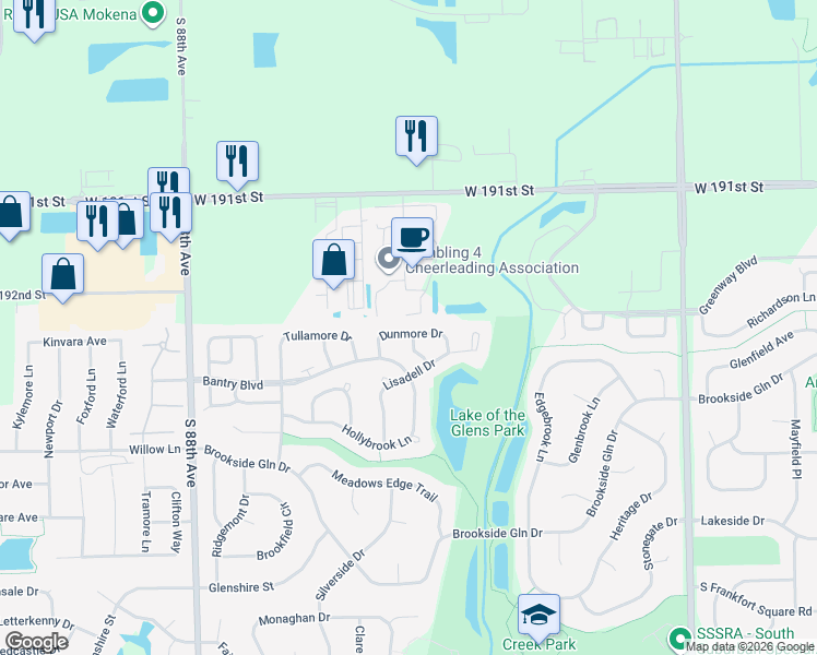 map of restaurants, bars, coffee shops, grocery stores, and more near 8418 Dunmore Drive in Tinley Park