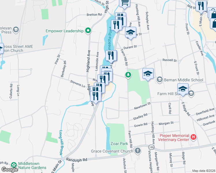 map of restaurants, bars, coffee shops, grocery stores, and more near 650 S Main St in Middletown