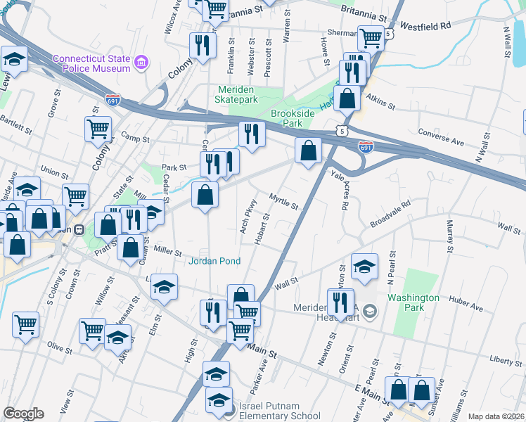 map of restaurants, bars, coffee shops, grocery stores, and more near 73 Yale Street in Meriden