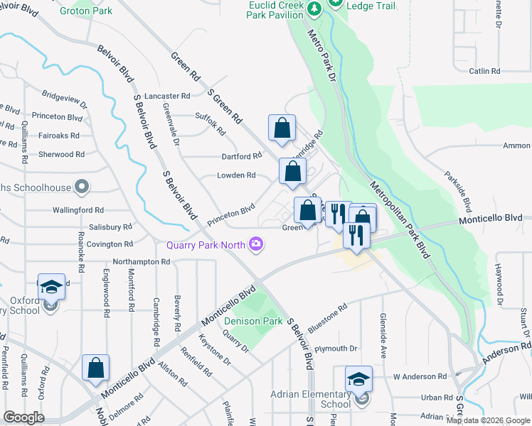 map of restaurants, bars, coffee shops, grocery stores, and more near 4116 Princeton Boulevard in South Euclid
