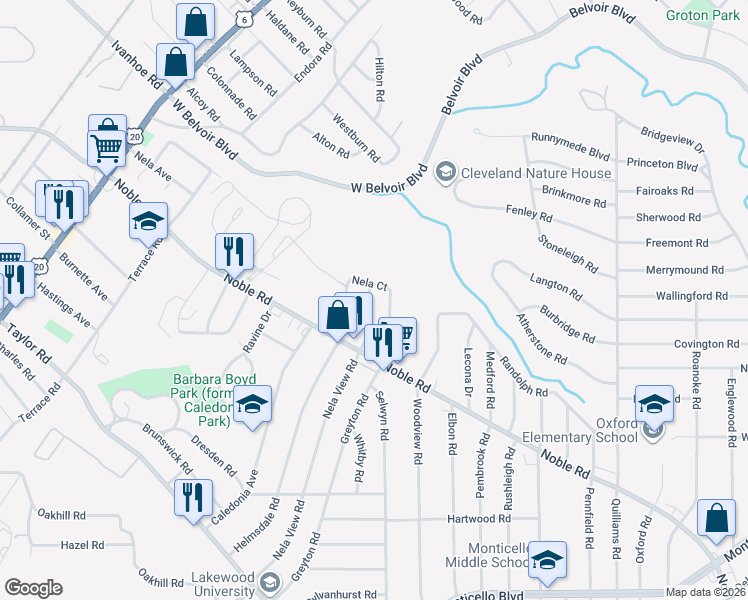 map of restaurants, bars, coffee shops, grocery stores, and more near 16319 Greyton Road in East Cleveland
