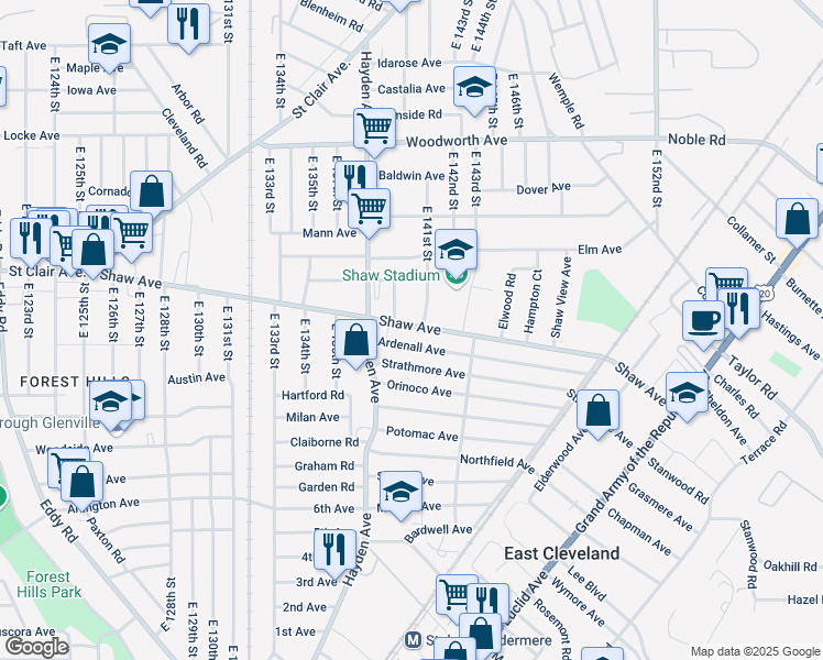 map of restaurants, bars, coffee shops, grocery stores, and more near 14000 Shaw Avenue in East Cleveland