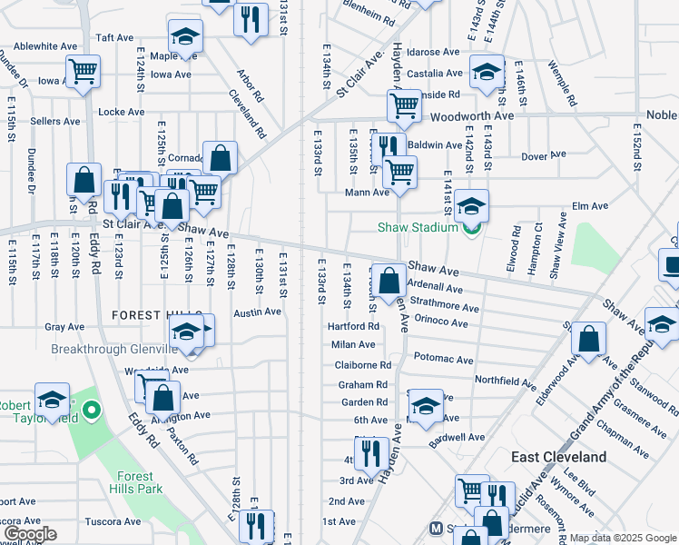 map of restaurants, bars, coffee shops, grocery stores, and more near 1426 East 134th Street in East Cleveland