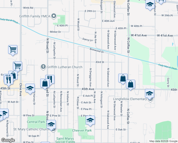 map of restaurants, bars, coffee shops, grocery stores, and more near 1012 Dwiggins in Griffith