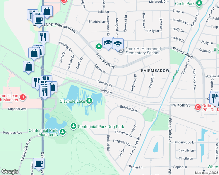 map of restaurants, bars, coffee shops, grocery stores, and more near 1218 Camellia Drive in Munster