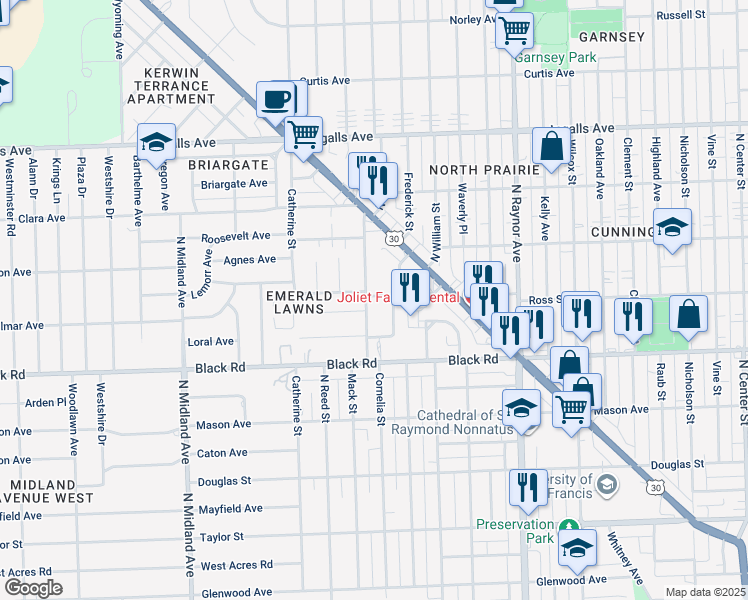 map of restaurants, bars, coffee shops, grocery stores, and more near 823 Hobbs Drive in Joliet
