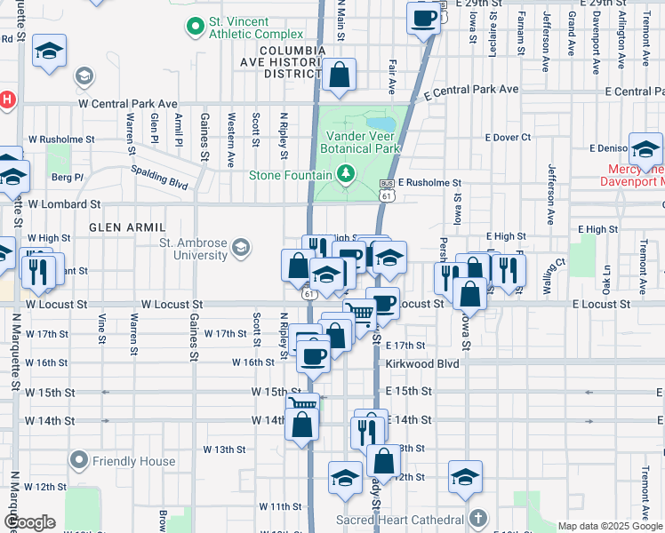 map of restaurants, bars, coffee shops, grocery stores, and more near 200 West Pleasant Street in Davenport