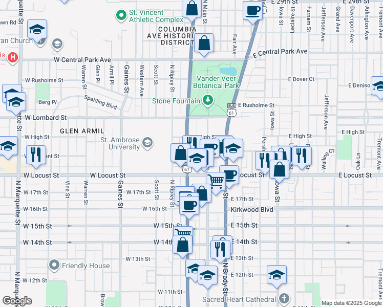 map of restaurants, bars, coffee shops, grocery stores, and more near 518 Locust Street in Davenport