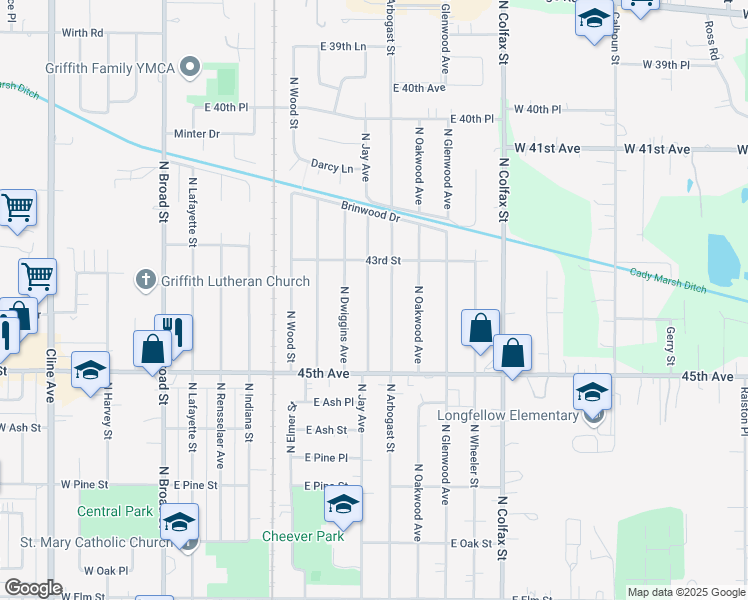 map of restaurants, bars, coffee shops, grocery stores, and more near 1013 North Jay Avenue in Griffith