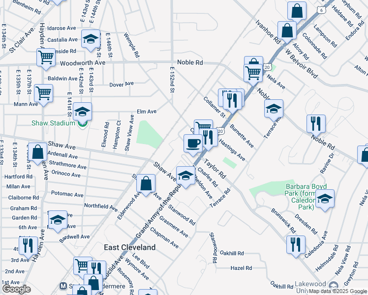 map of restaurants, bars, coffee shops, grocery stores, and more near 1754 Taylor Road in East Cleveland