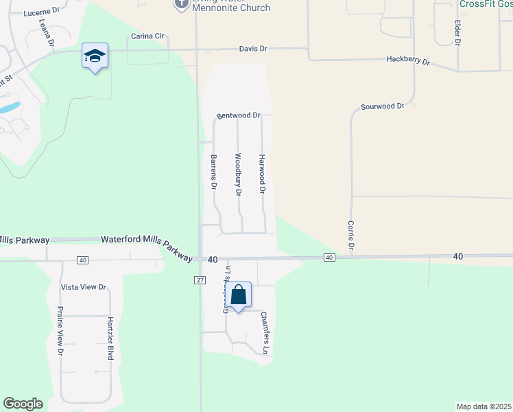 map of restaurants, bars, coffee shops, grocery stores, and more near 65852 Harwood Dr in Goshen