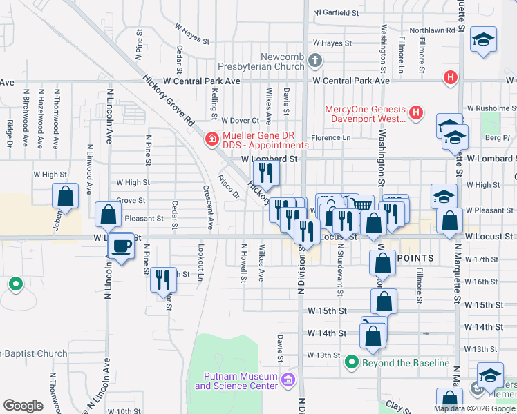 map of restaurants, bars, coffee shops, grocery stores, and more near 2005 North Howell Street in Davenport