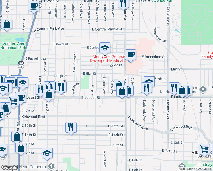 map of restaurants, bars, coffee shops, grocery stores, and more near 2009 Tremont Avenue in Davenport