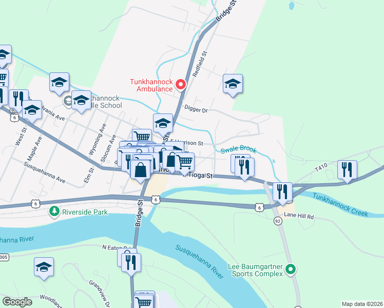 map of restaurants, bars, coffee shops, grocery stores, and more near 35 2nd Street in Tunkhannock