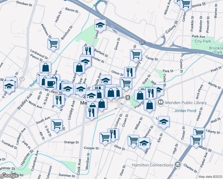 map of restaurants, bars, coffee shops, grocery stores, and more near 43 Church Street in Meriden