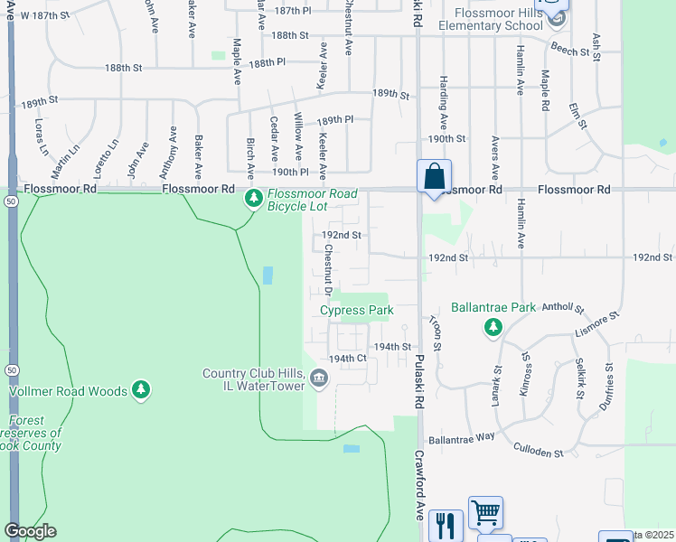 map of restaurants, bars, coffee shops, grocery stores, and more near 4100 192nd Court in Country Club Hills