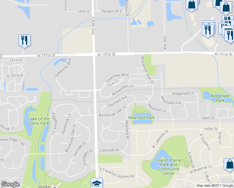map of restaurants, bars, coffee shops, grocery stores, and more near 7907 Richardson Lane in Tinley Park