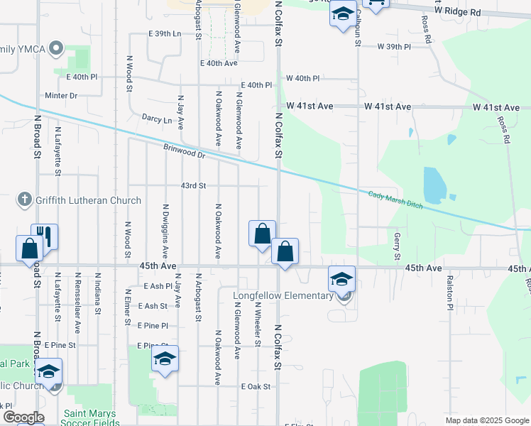 map of restaurants, bars, coffee shops, grocery stores, and more near 1017 Wheeler Street in Griffith