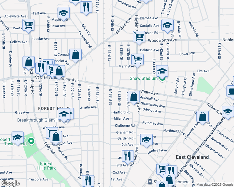 map of restaurants, bars, coffee shops, grocery stores, and more near 1426 East 134th Street in East Cleveland