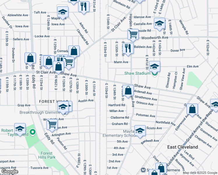 map of restaurants, bars, coffee shops, grocery stores, and more near 1429 East 133rd Street in East Cleveland