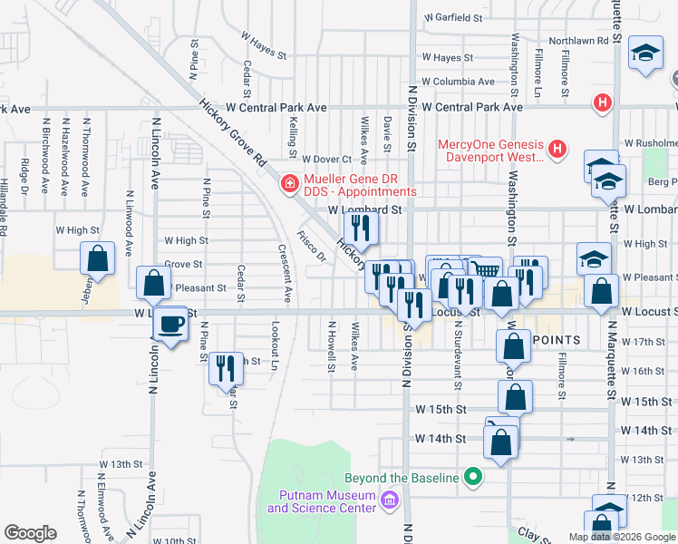 map of restaurants, bars, coffee shops, grocery stores, and more near 2005 North Howell Street in Davenport
