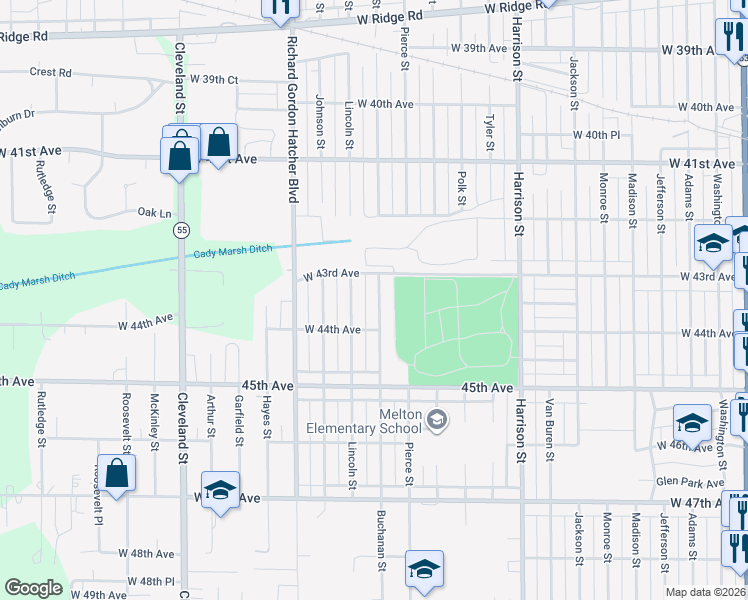 map of restaurants, bars, coffee shops, grocery stores, and more near 4348 Buchanan Street in Gary