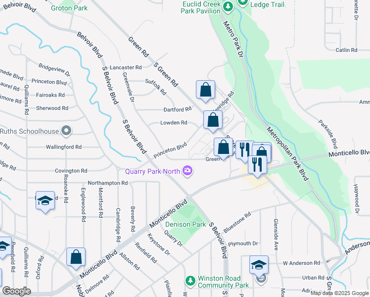 map of restaurants, bars, coffee shops, grocery stores, and more near 4116 Princeton Boulevard in South Euclid