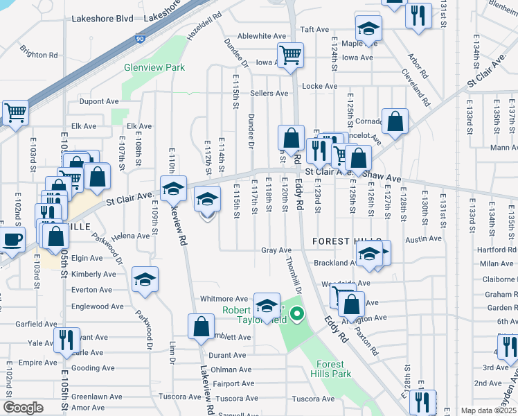 map of restaurants, bars, coffee shops, grocery stores, and more near 646 East 118th Street in Cleveland