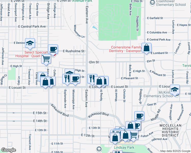 map of restaurants, bars, coffee shops, grocery stores, and more near 1737 Pleasant Court in Davenport