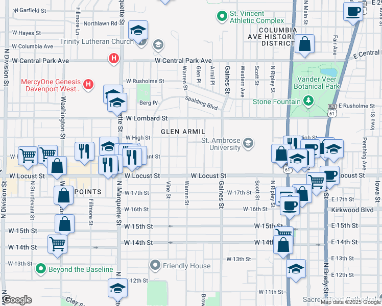 map of restaurants, bars, coffee shops, grocery stores, and more near 2011 Warren Street in Davenport
