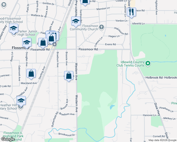 map of restaurants, bars, coffee shops, grocery stores, and more near 1231 Golfview Lane in Flossmoor