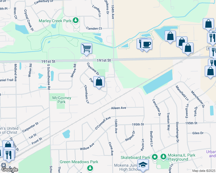map of restaurants, bars, coffee shops, grocery stores, and more near 19235 Crescent Drive in Mokena