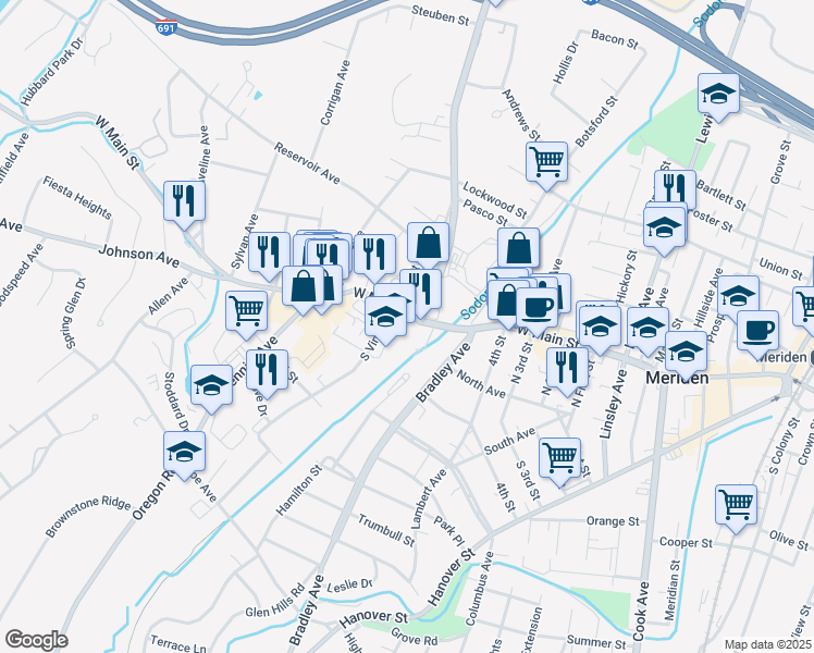 map of restaurants, bars, coffee shops, grocery stores, and more near 424 West Main Street in Meriden