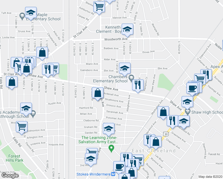 map of restaurants, bars, coffee shops, grocery stores, and more near 14000 Shaw Ave in East Cleveland
