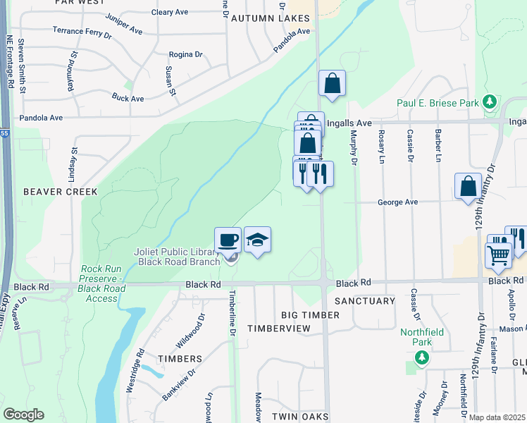 map of restaurants, bars, coffee shops, grocery stores, and more near 3315 Executive Drive in Joliet